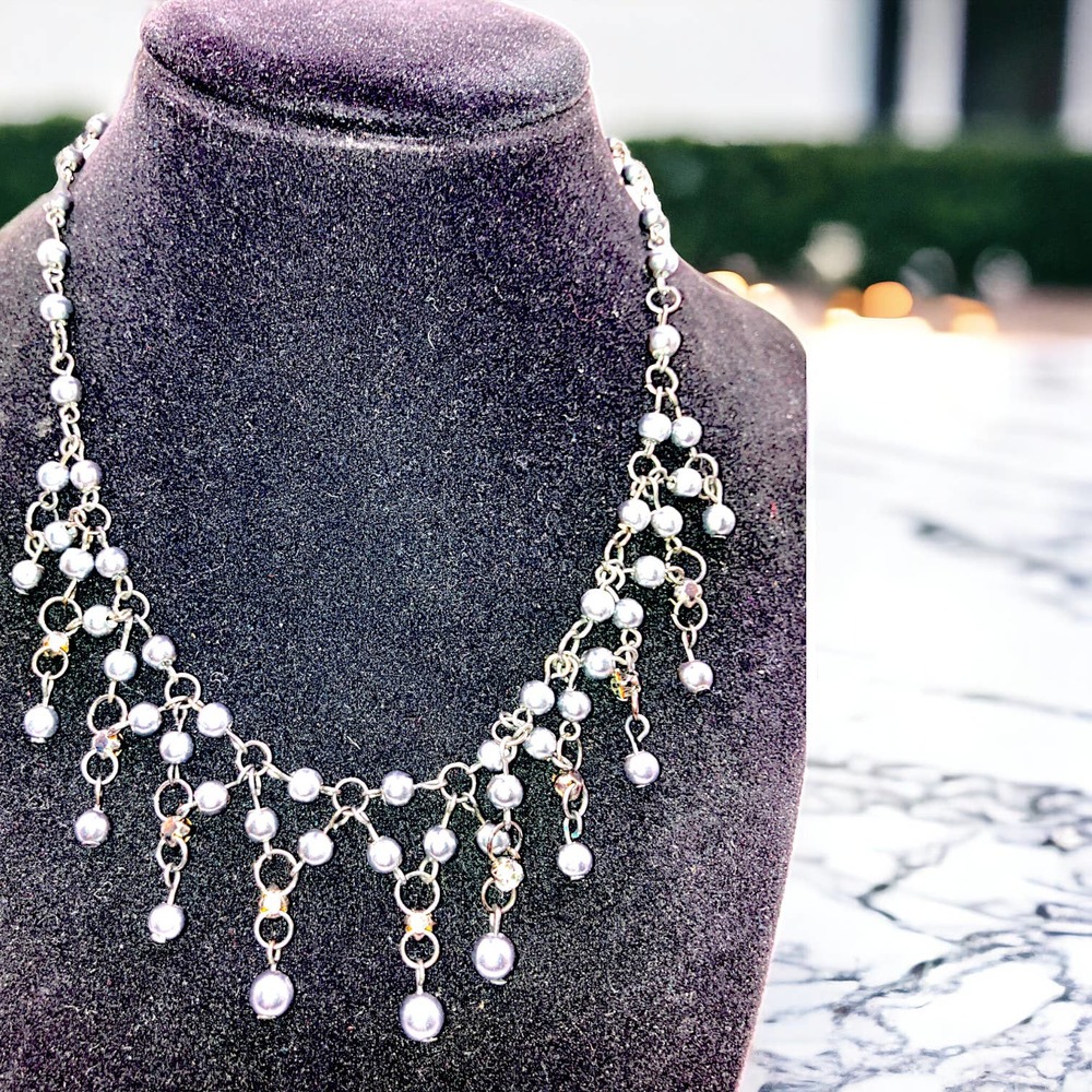 Rhinestones and Silver-Tone Beads on Gray Chain Necklace Vintage!
